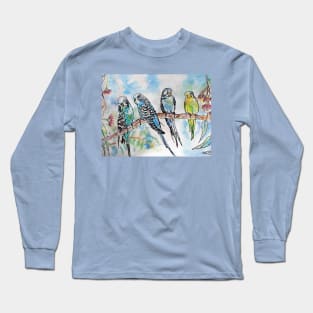 Colourful Budgies Budgerigars Sitting on A Branch Watercolor Painting Long Sleeve T-Shirt